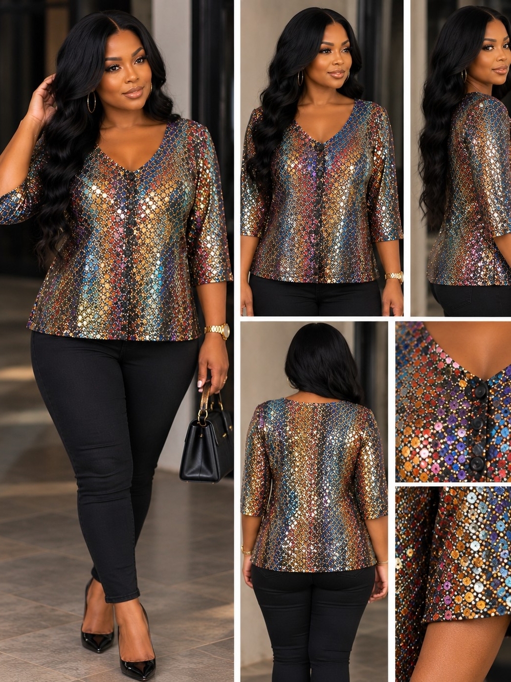 Sequined Multicolor V-Neck Women’s Top
